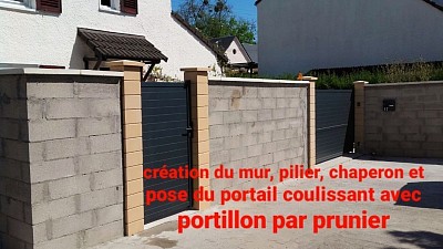 Pose clôture parpaing, pilier, chaperon, portail coulissant et portillon